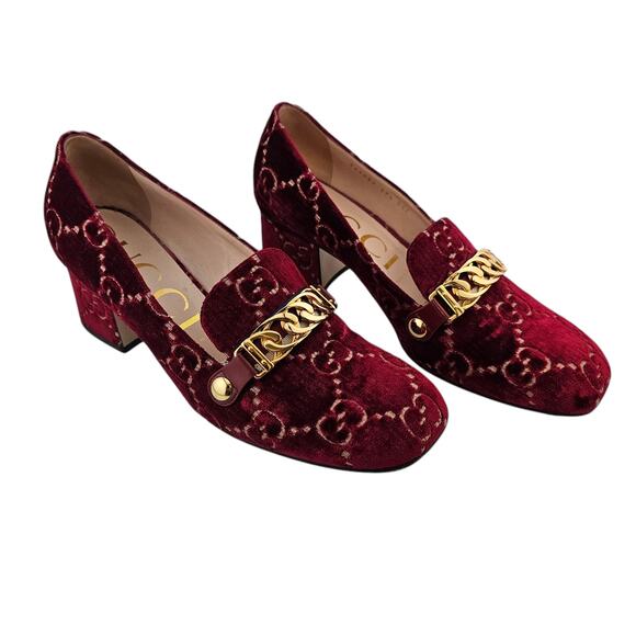 Gucci GG Sylvie Chain Heel Pump Size 39.5 US 9.5 Red Velvet Block Heel Loafer - Picture 1 of 9
